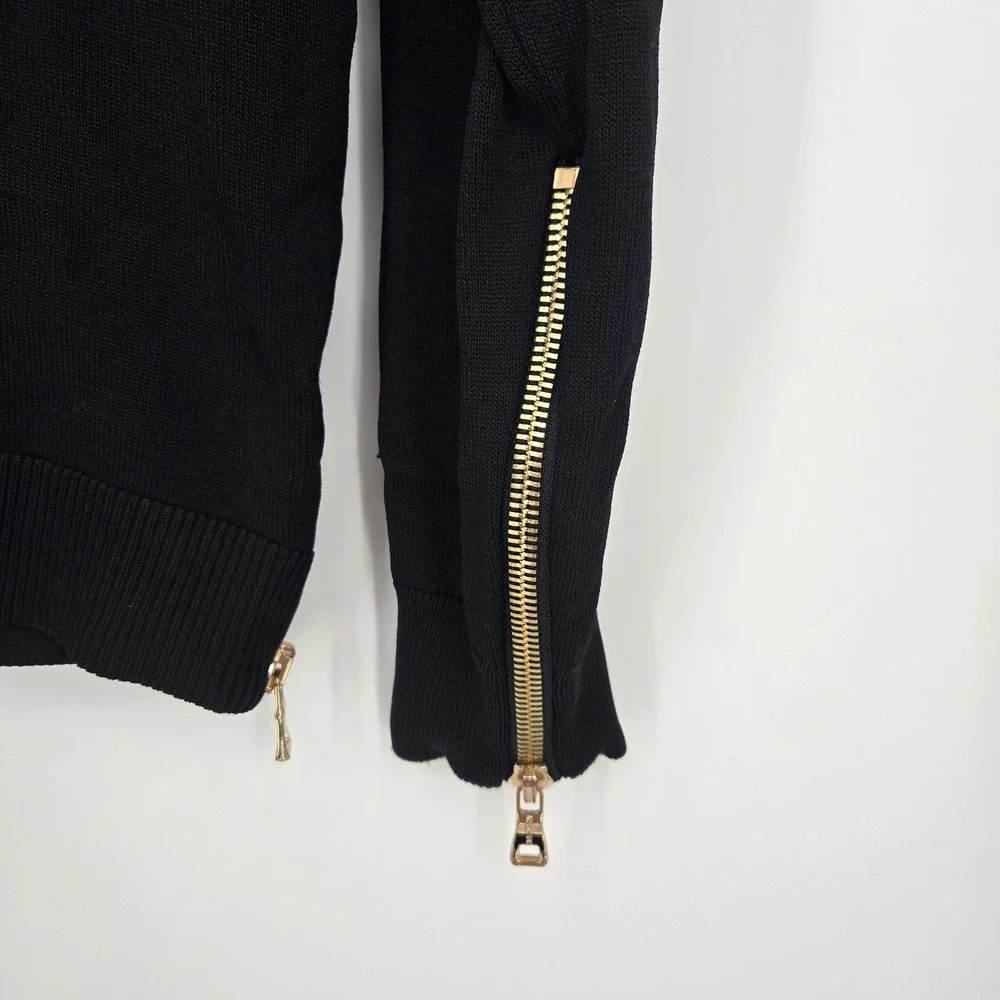 Balmain Paris Men's Oversized S Black Knit Logo Sweater Gold Side Zip Designer